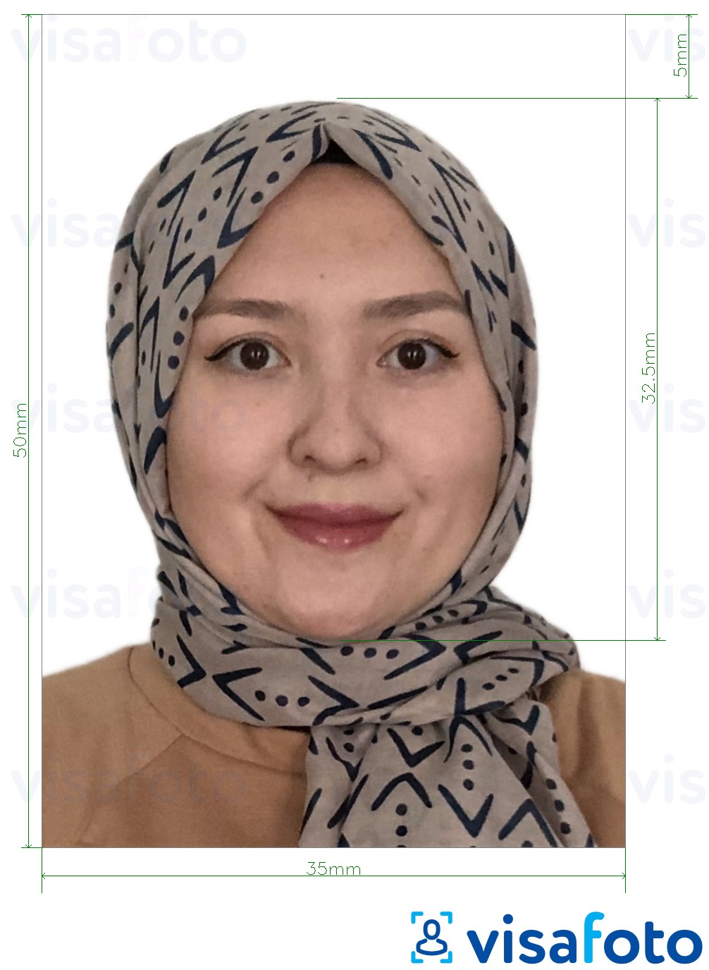 Fotobeispiel für Malaysia eVisa Online-Bewerbung 35x50 mm mit genauer größenangabe