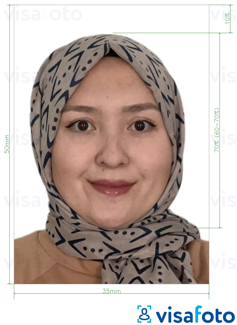 Example of photo for Malaysia Visa 35x50 mm white background with exact size specification