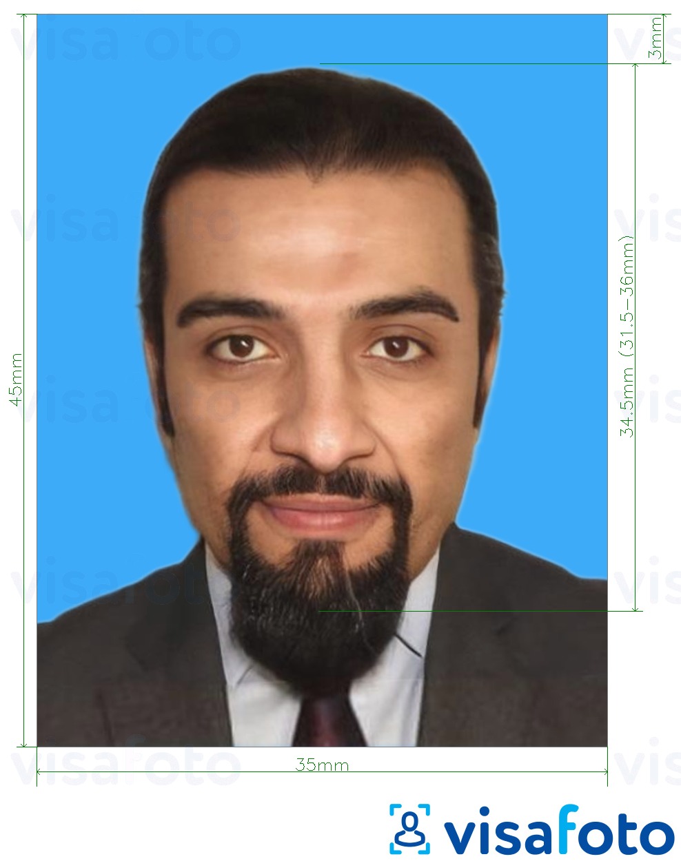 Example of photo for Palestine ID card 35x45mm blue background with exact size specification