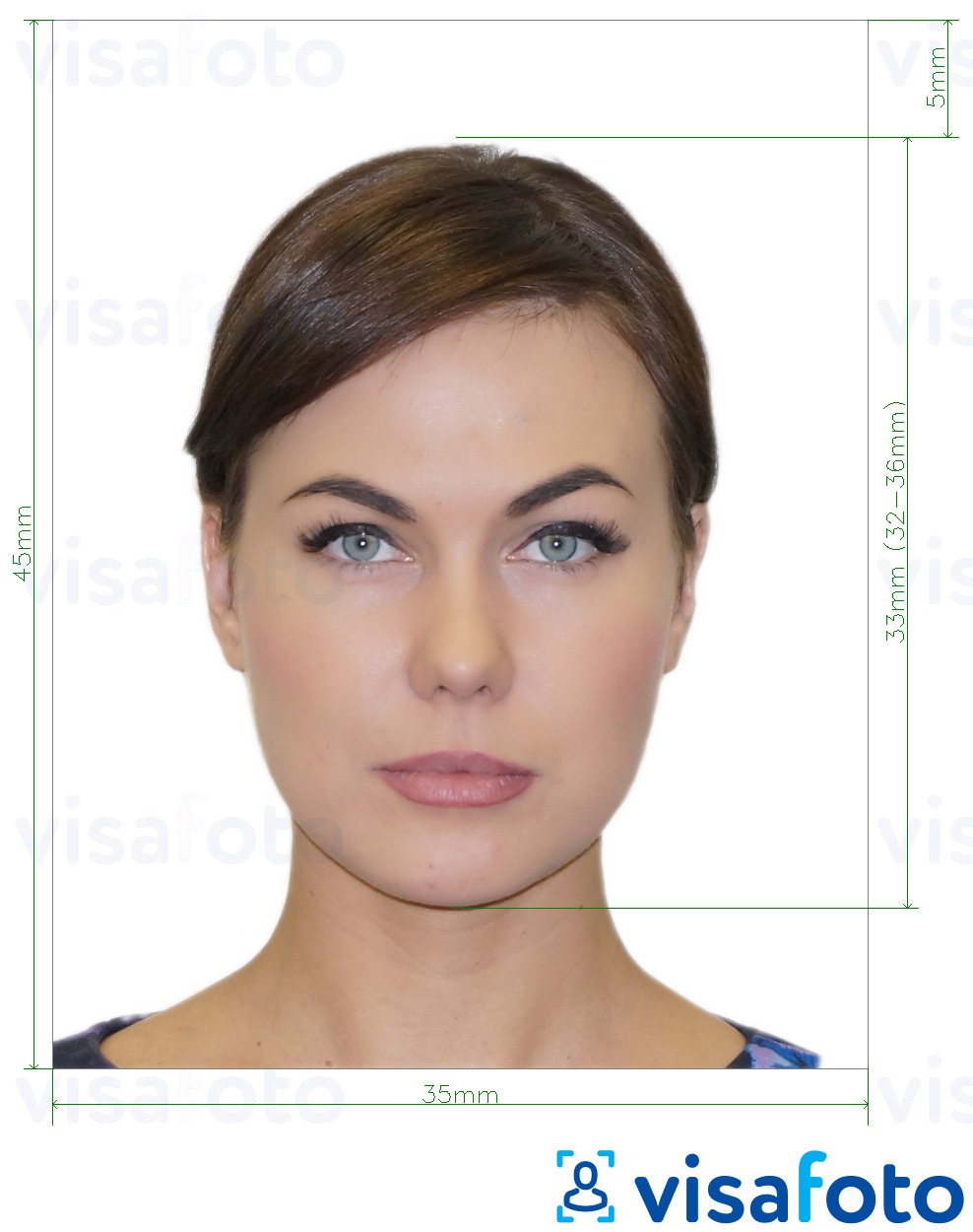 Example of photo for Russia Visa 35x45 mm (3.5x4.5 cm) with exact size specification