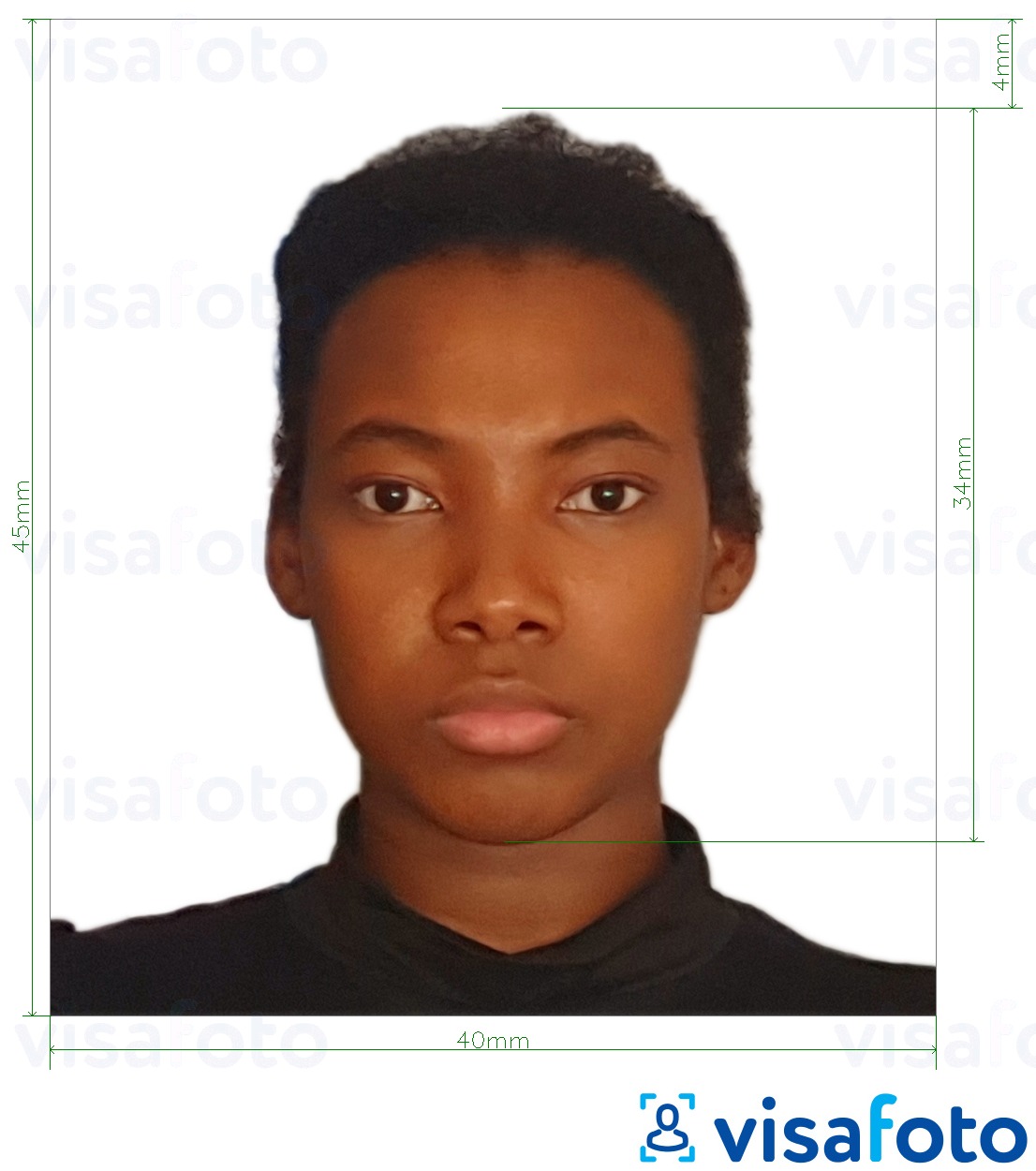 Example of photo for Tanzania passport 40x45 mm (4x4.5 cm) with exact size specification