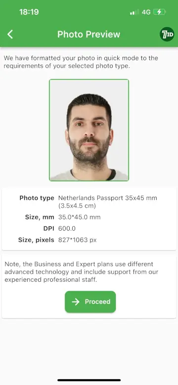 7ID App: Dutch Passport Photo Example