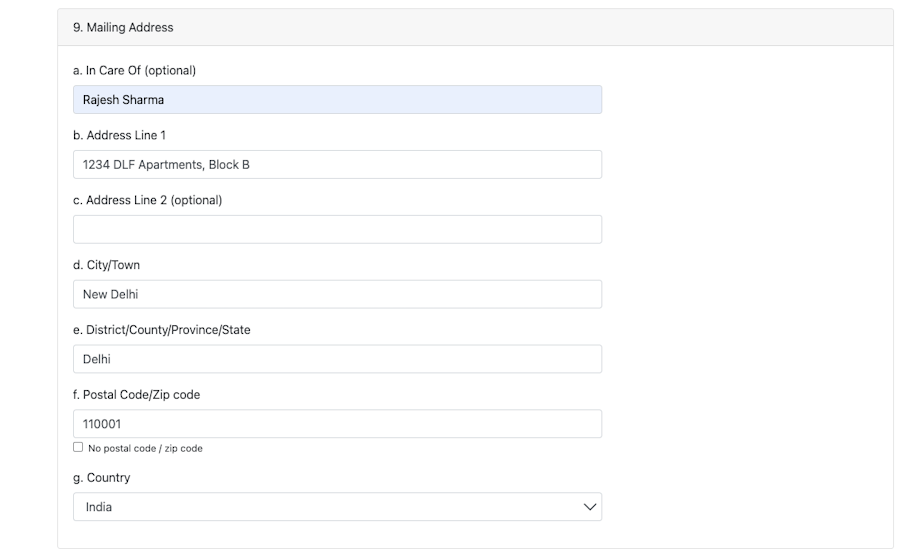 How to fill out the mailing address section of the DV Lottery entry form: a sample.