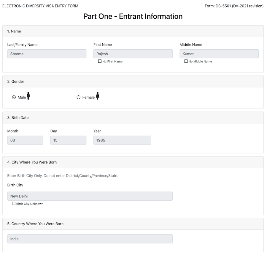 How to fill out the personal information section of the Green Card Lottery form: a sample.