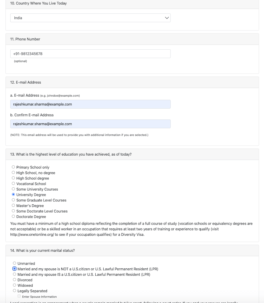 How to fill out the marital status section of the DV Lottery entry form: a sample.