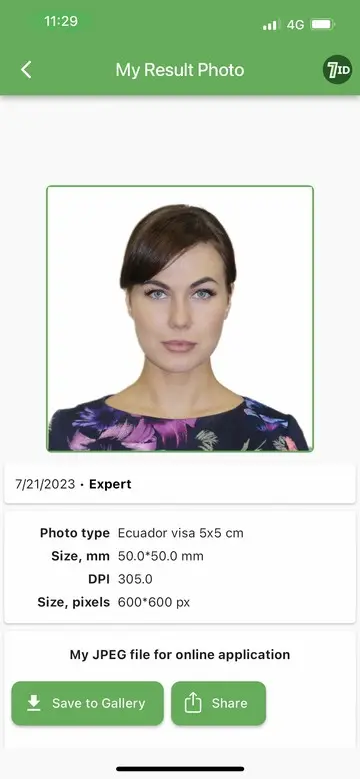 7ID App: Ecuador Visa Photo Example