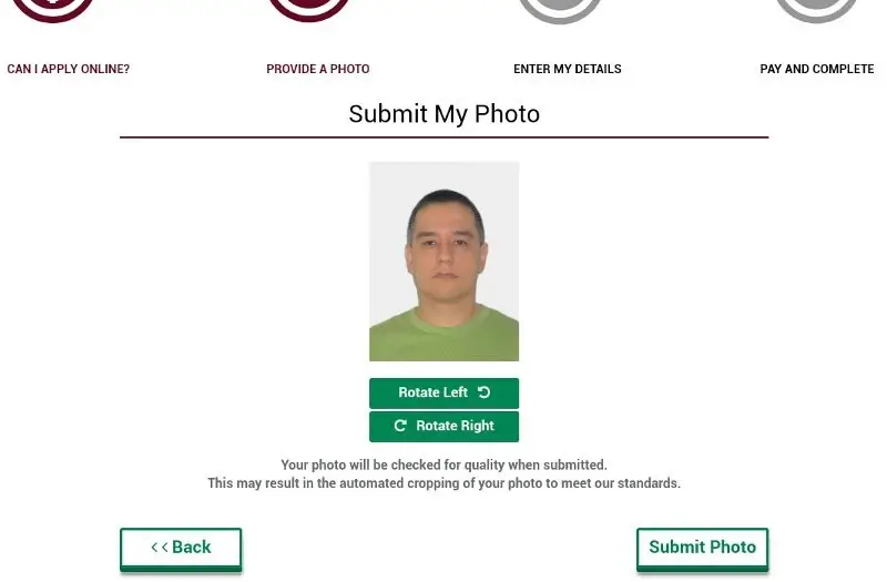 Ireland passport application photo upload screen