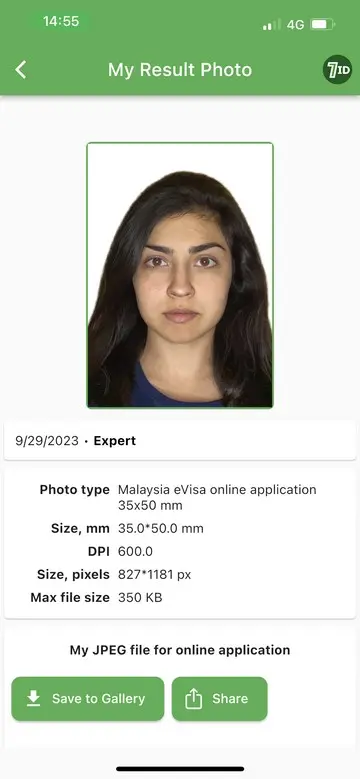 7ID App: Malaysia Visa Photo Example