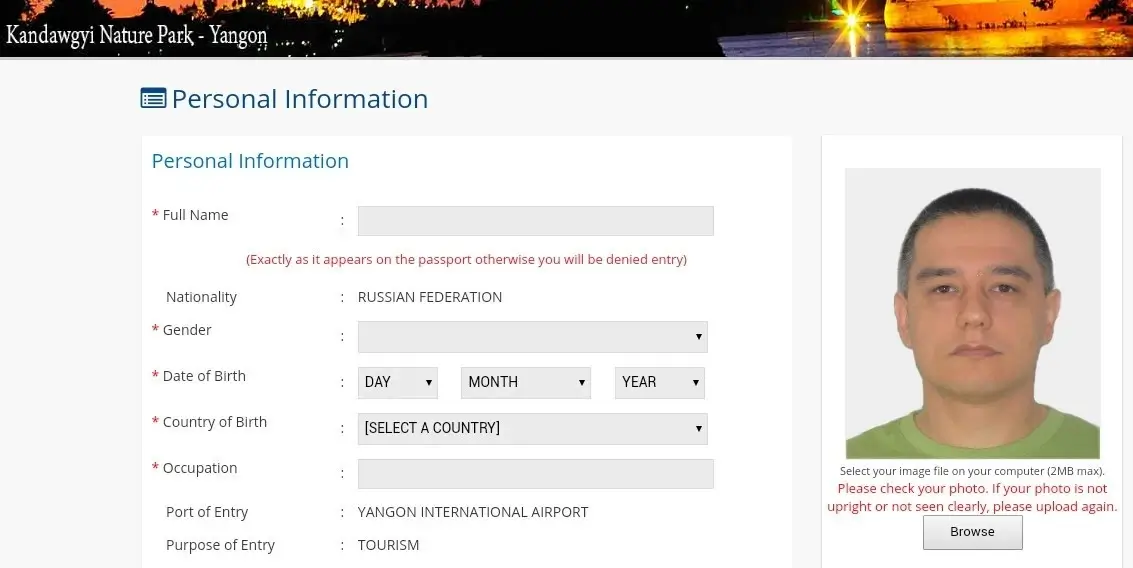 Myanmar visum på nettet ansøgning billede skærm
