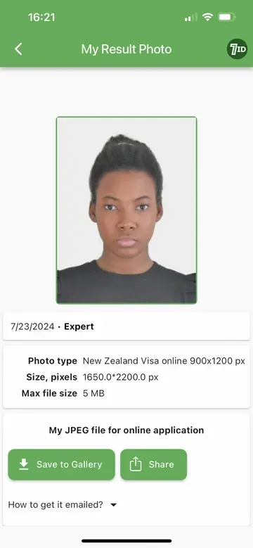 7ID: New Zealand Visa Photo Example