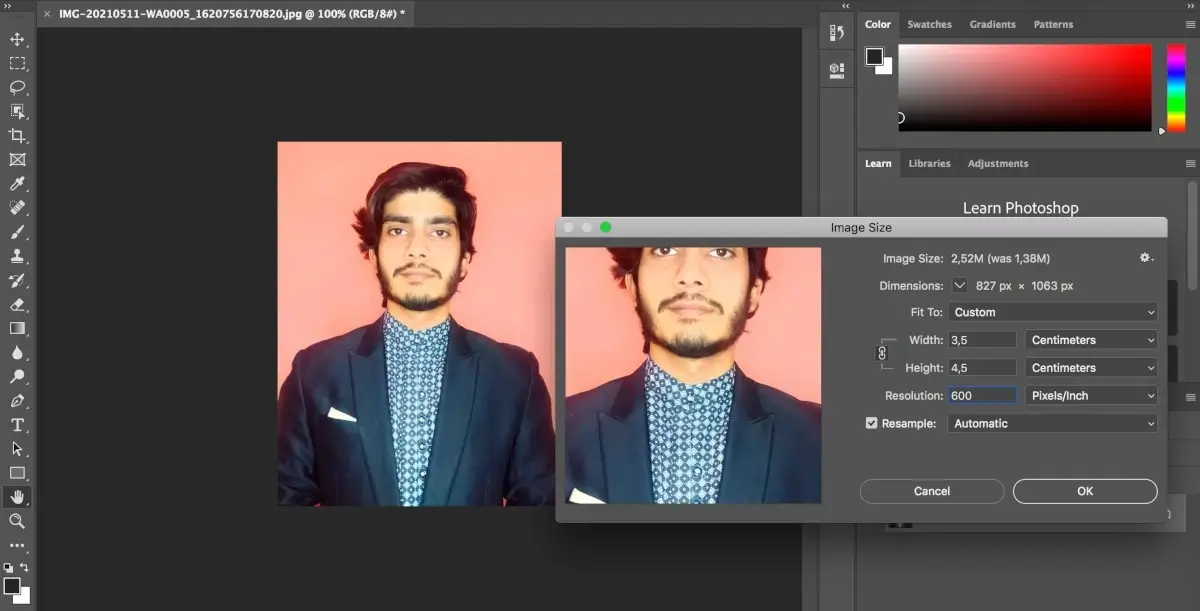 Cropping a Pakistan passport photo at Photoshop