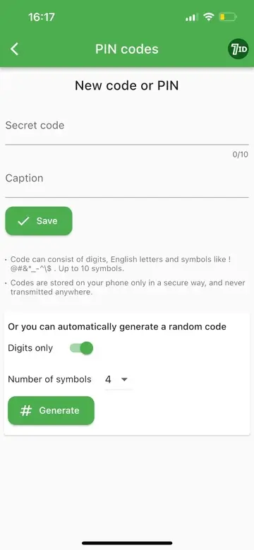 7ID: Generate a PIN or a code