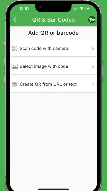 7ID App: Add a QR code or a Bar code with your camera, from your gallery or from URL