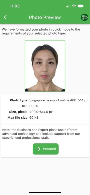 7ID App: Singapore passport photo example