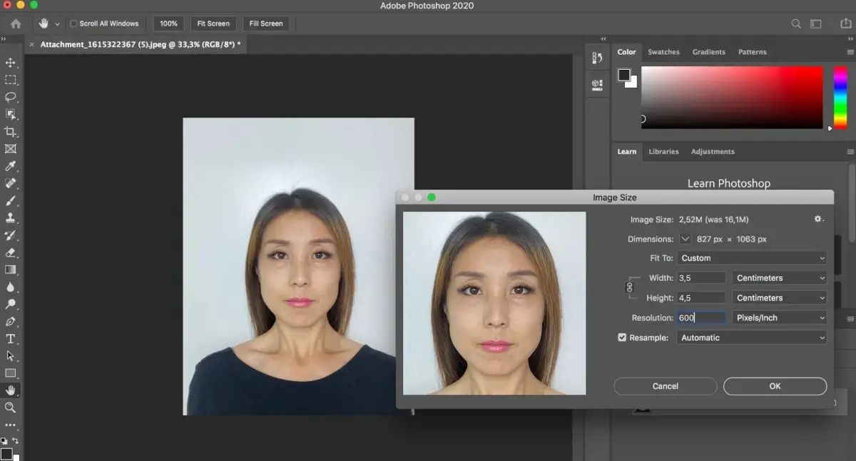 Cropping a Philippines passport photo at Photoshop