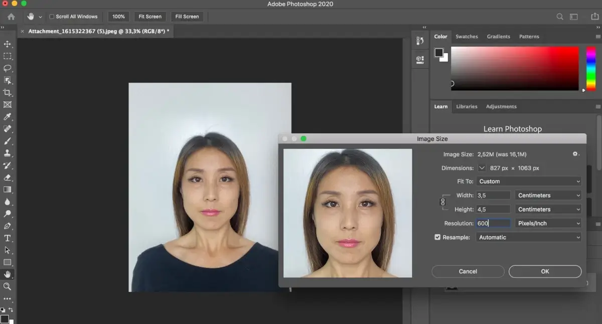 Cropping a Singapore passport photo at Photoshop