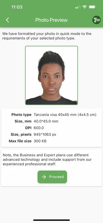 7ID App: Tanzania Visa Photo Example