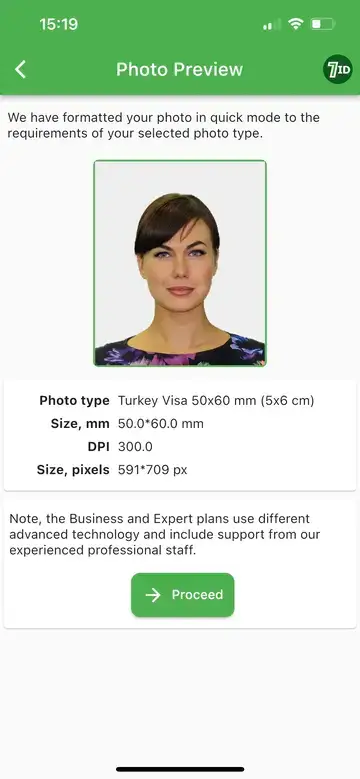 7ID App: Turkey Visa Photo Example