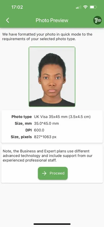 7ID App: UK Visa Photo Example