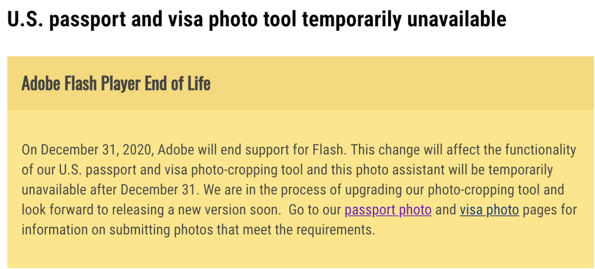 U.S. photo tool temporary unavailable for passport and visa